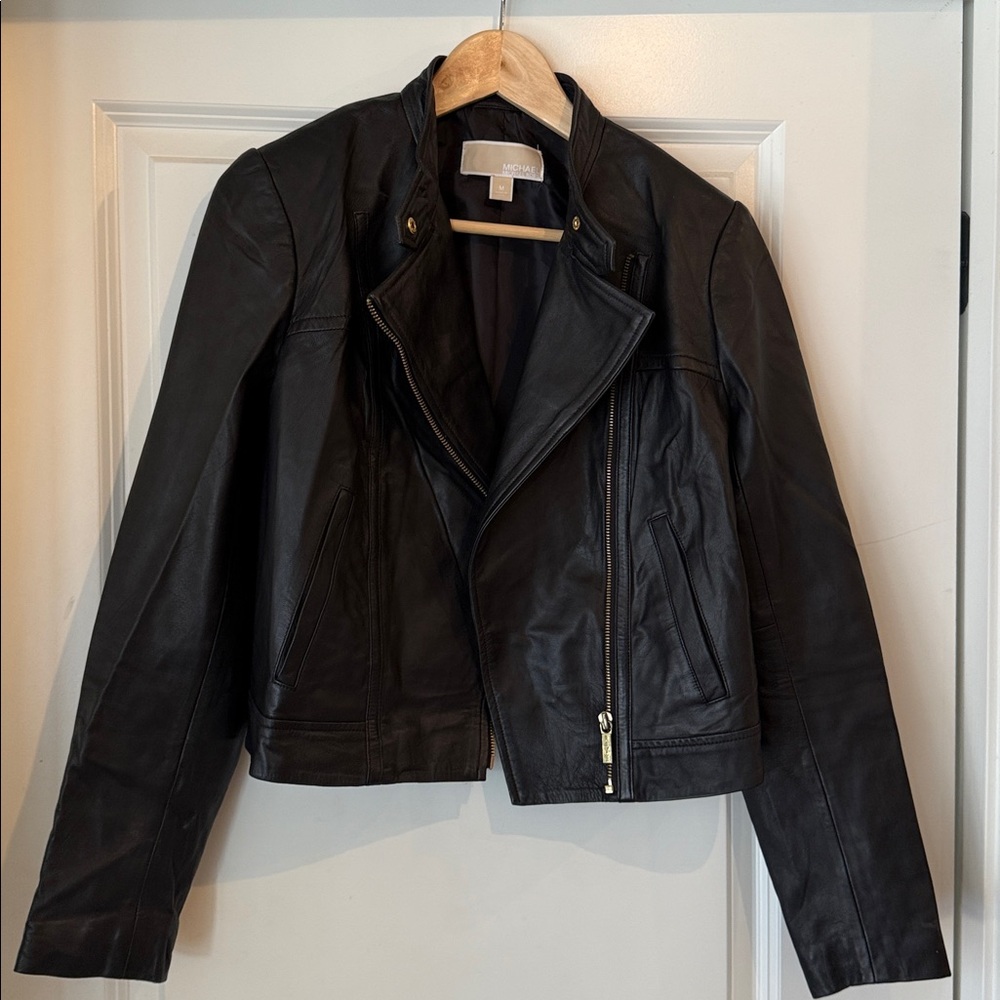 Michael Kors Black Leather Coat with Gold Accents